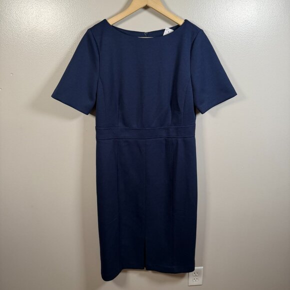 Ann Taylor Jersey Sheath Dress Size 12 Navy Blue Midi Work Career Business - Picture 1 of 8